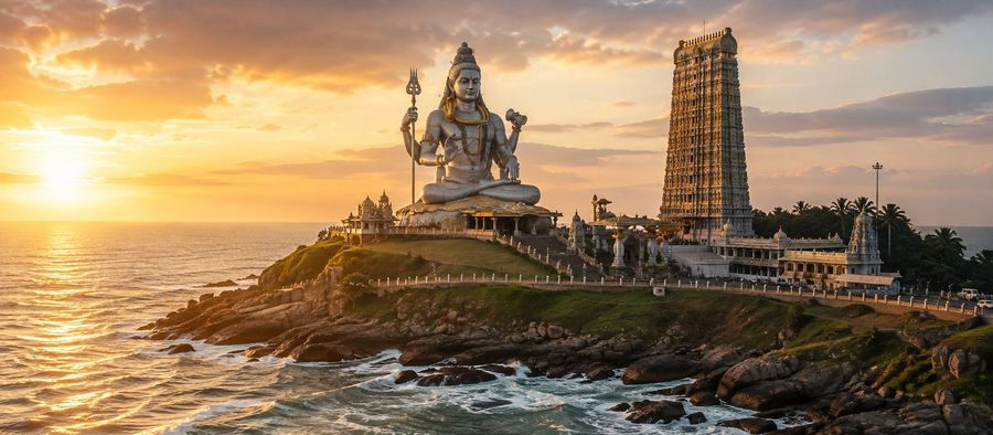 Shiva statue and Raja Gopura, Murudeshwar, Karnataka