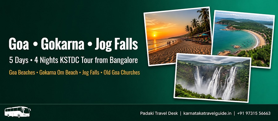 Goa Gokarna Jog Falls tour collage — Calangute Beach, Fort Aguada, Jog Falls 253m, Gokarna Temple