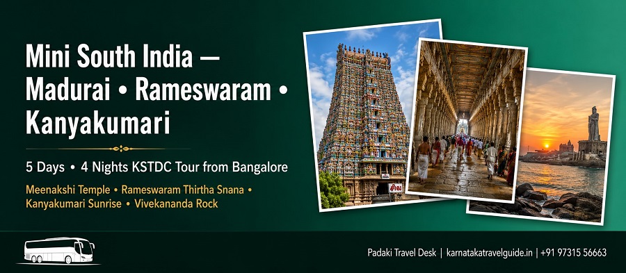 Mini South India tour collage — Meenakshi Temple Madurai, Rameswaram, Kanyakumari sunrise, Vivekananda Rock