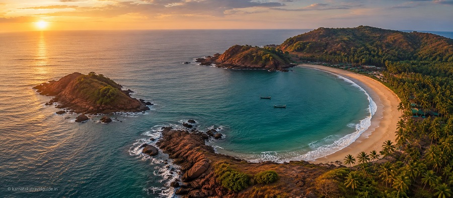 Om Beach Resort Gokarna — Om-shaped bay from above, sacred Karnataka coastline