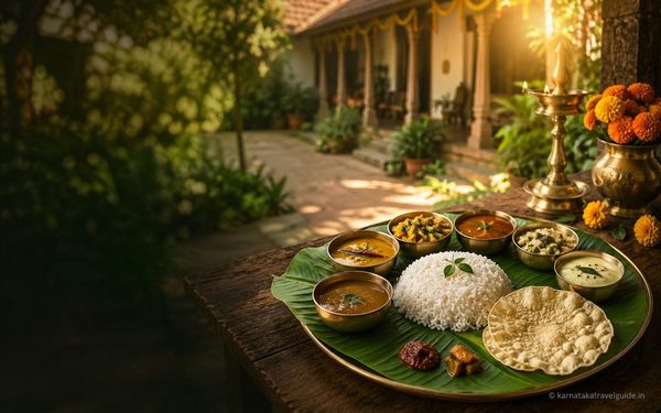 Traditional South Indian vegetarian thali in a heritage courtyard, Karnataka